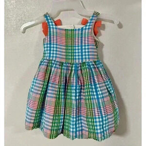 Janie and jack Kids Plaid‎ Dress Coral Bows Ruffle Summer Picnic Outfit sz 12-18